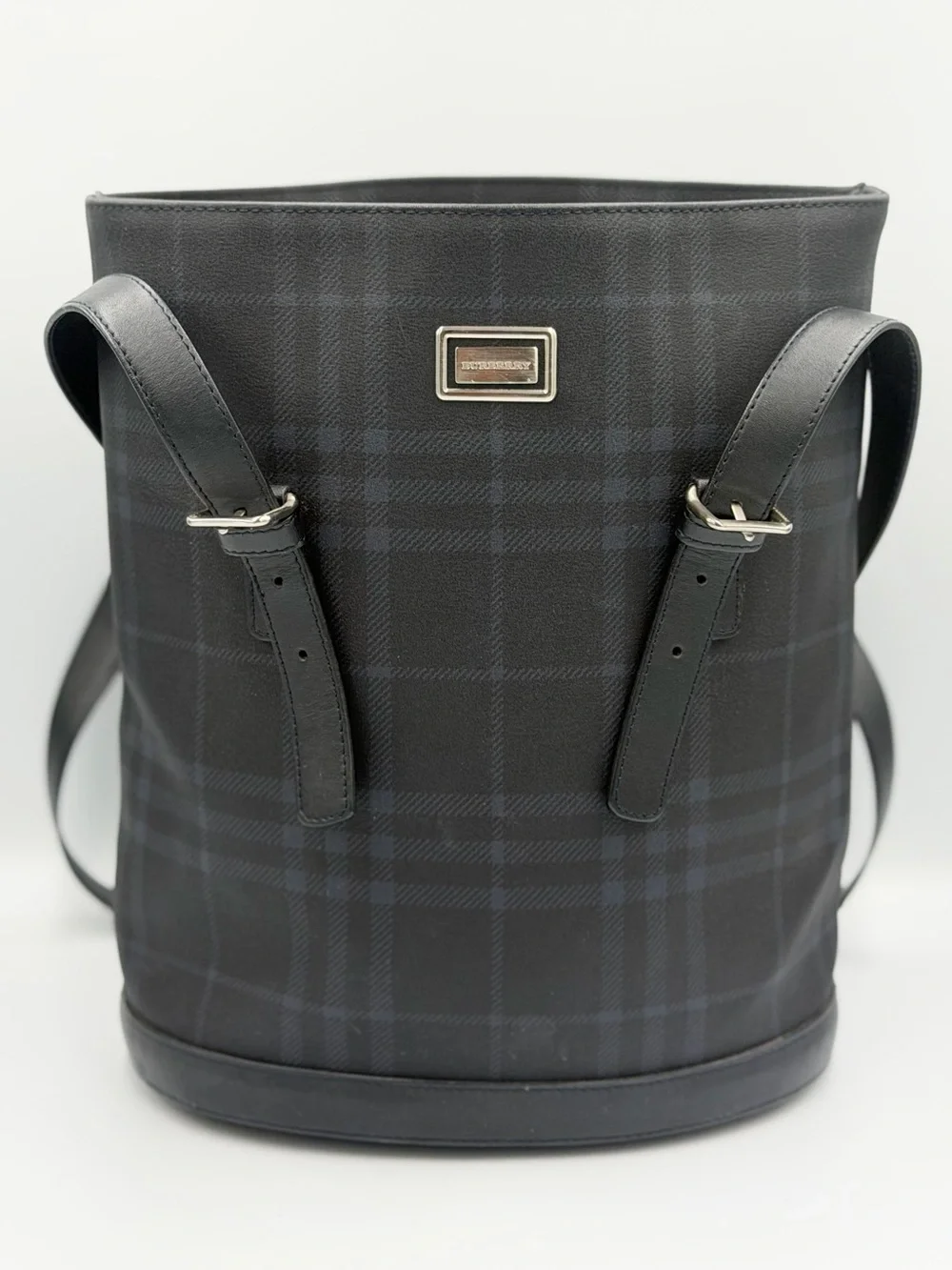 Burberry Black Plaid Leather-Trim Backpack Bucket With Burberry drawstring bag
